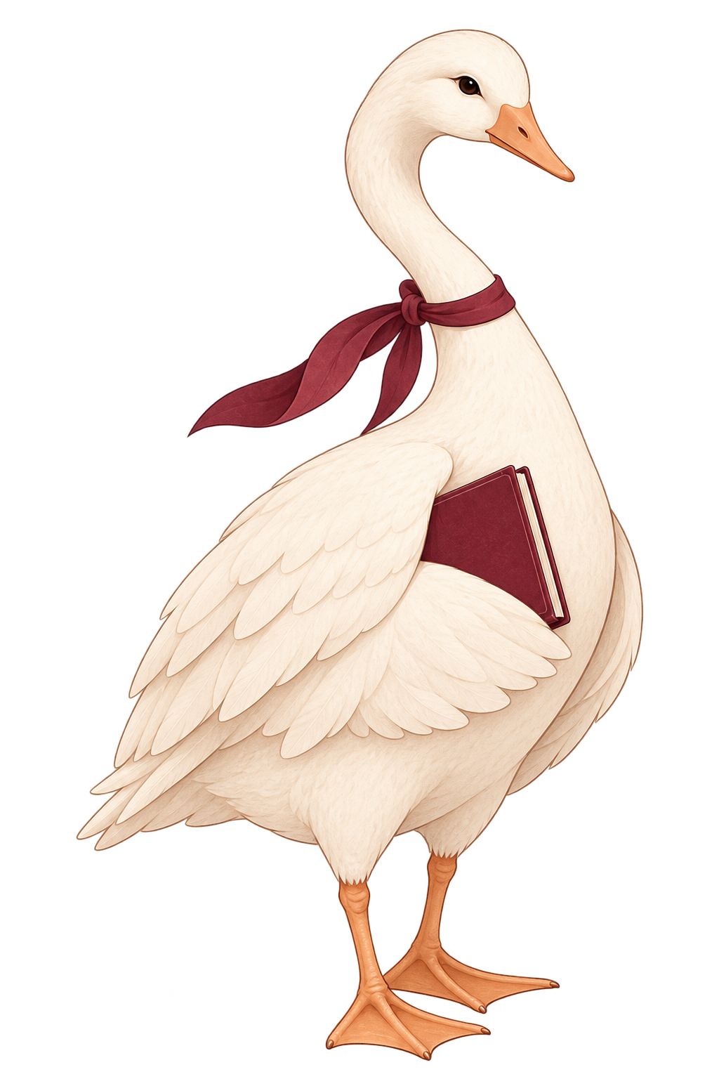 Roaa's ivory goose mascot holding a burgundy book